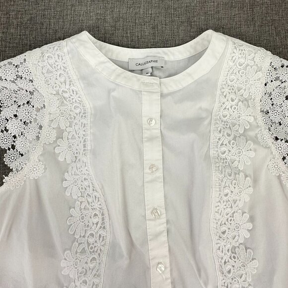 Calligraphie Button Down Top White Floral Embroidered detail Cap Sleeve Medium - Picture 3 of 10